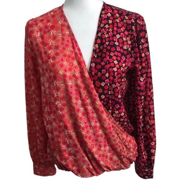 Floral Red Multicolored Boho Twisted Wrap Blouse Shirt Size Small - Picture 3 of 13